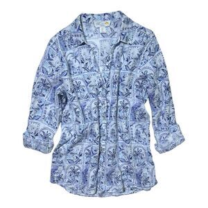 C&C California Top Women’s White Blue Tropical Print 100% Linen Tunics